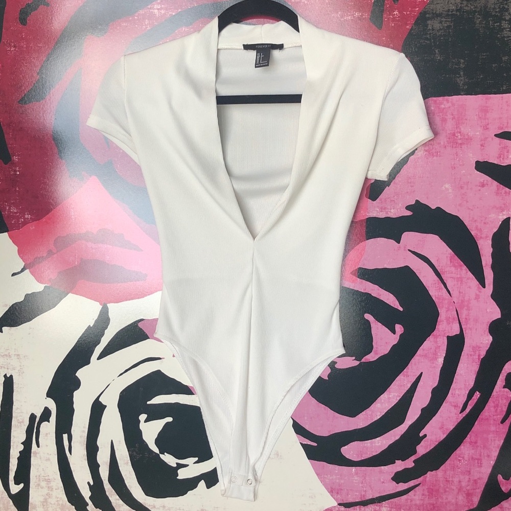 White plunge neck ribbed bodysuit